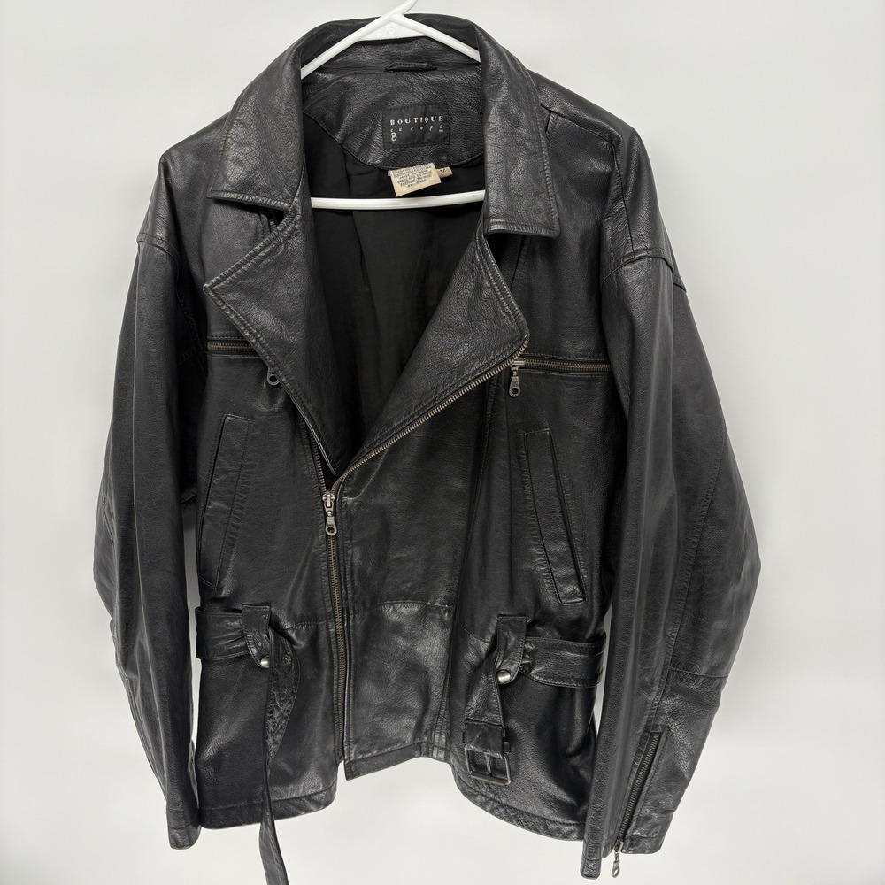 Vintage Boutique Europa Belted Leather Moto Jacket Asymmetrical Zip Biker WMN L